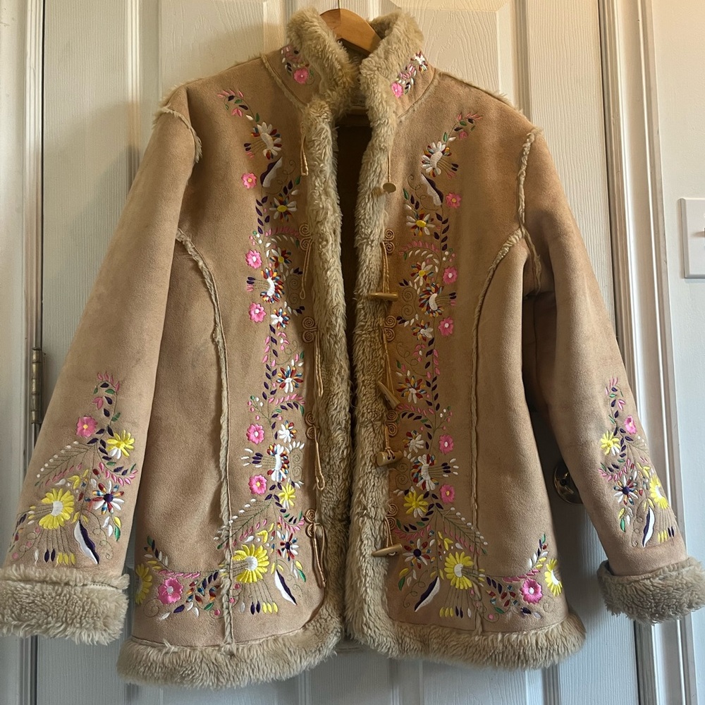 Embroidered Tan Shearling Jacket